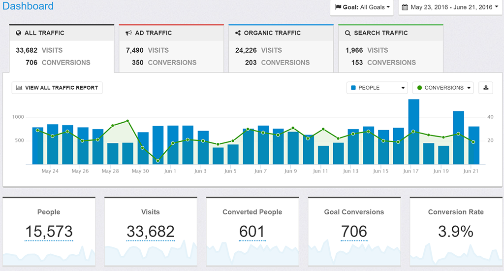 Provides insights into key metrics such as revenue, cost per acquisition, average goal value, and conversion rate