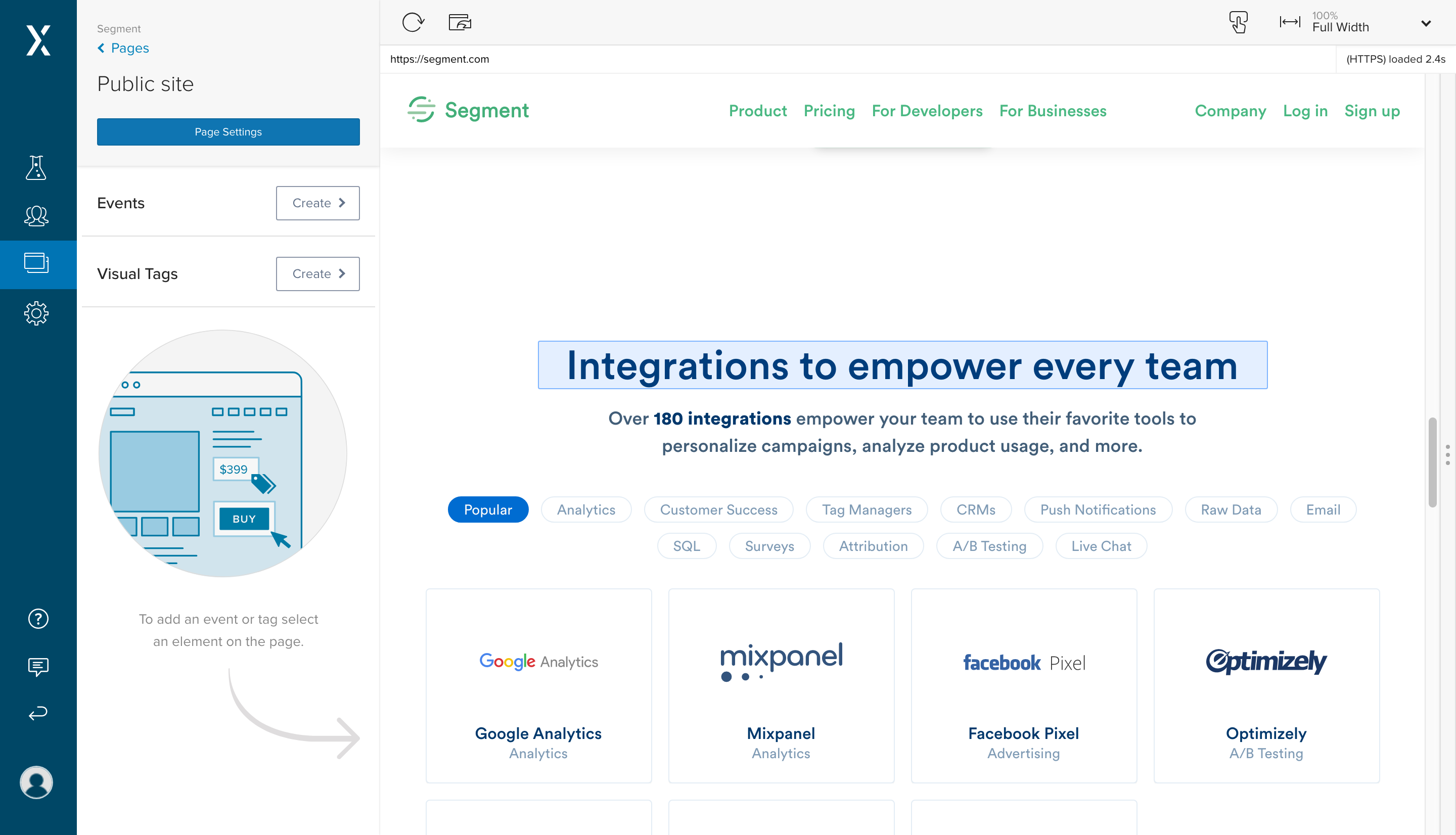 Easy UI for A/B and multivariate experimentation, includes events or visual tags for non-technical implementations.