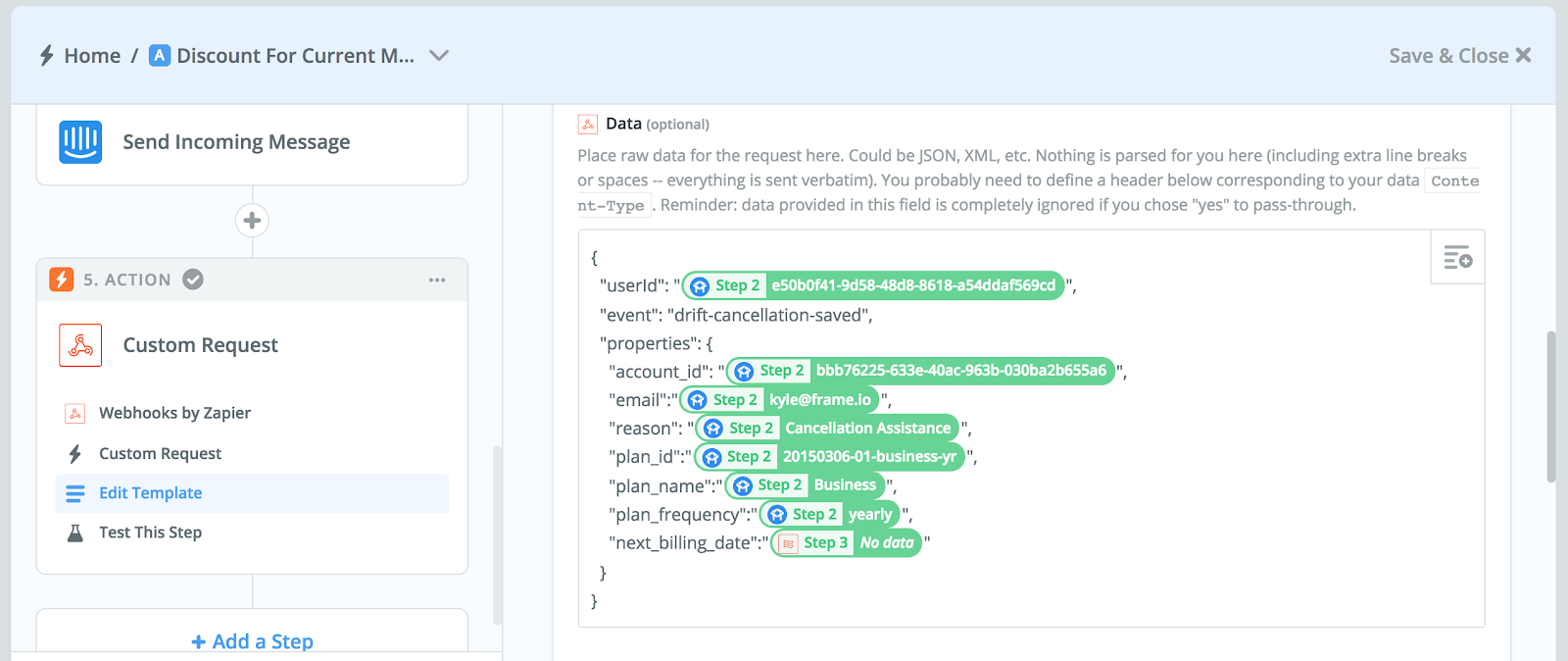 Frame.io uses webhooks in Zapier to send data back to Segment.