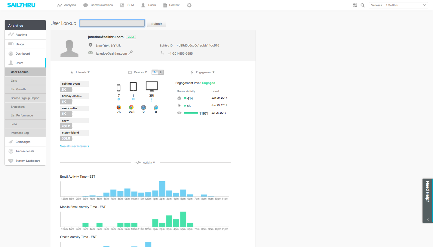 Individual customer profiles include data about an individual’s demographic, behaviors, interests, purchases, engagement level, predicted actions, devices and browsers used and more