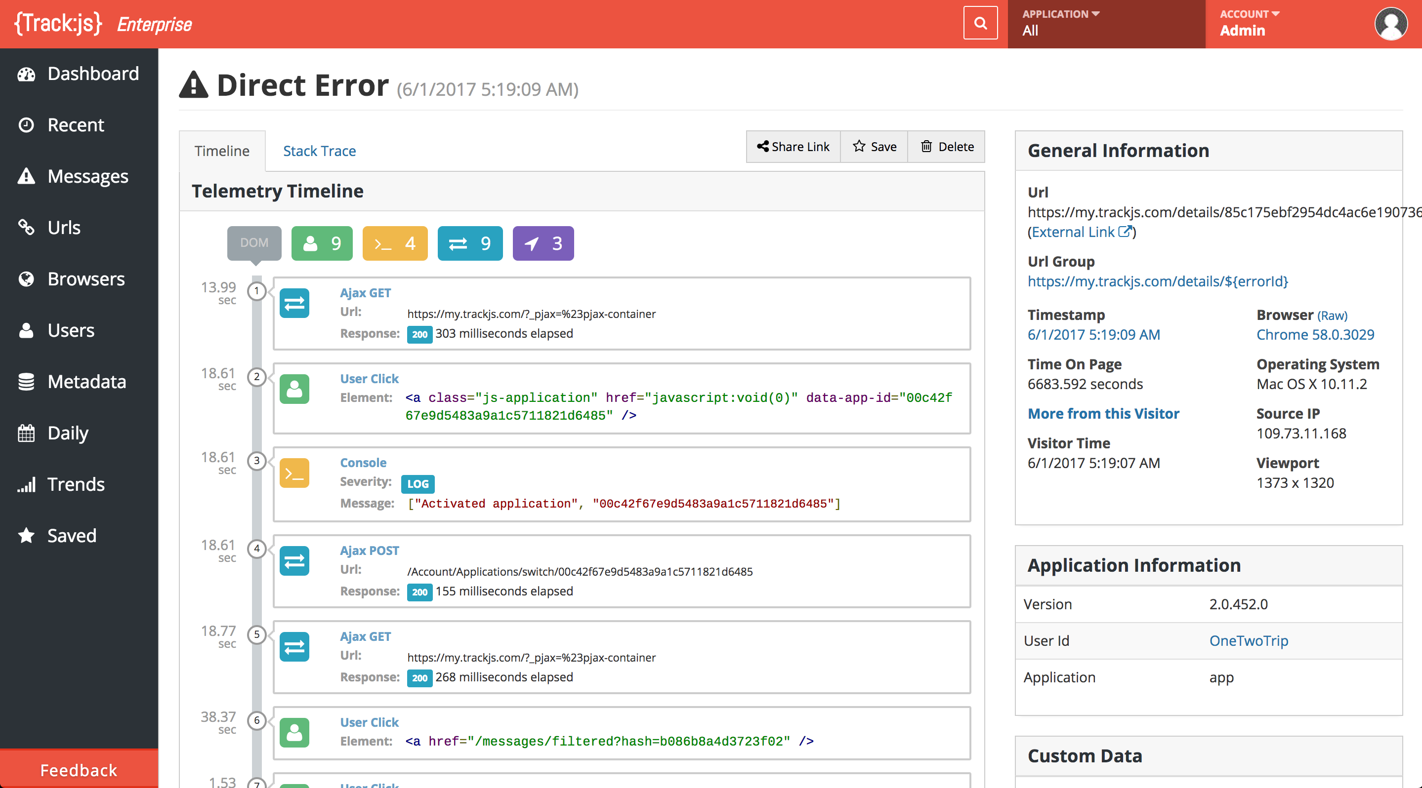 The Telemetry Timeline recreates the network, user, and application events that led up to each error.