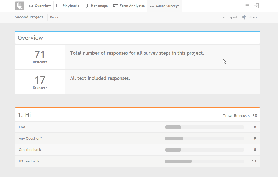 Deploys surveys and generates searchable results so teams can analyze responses, questions, and user feedback