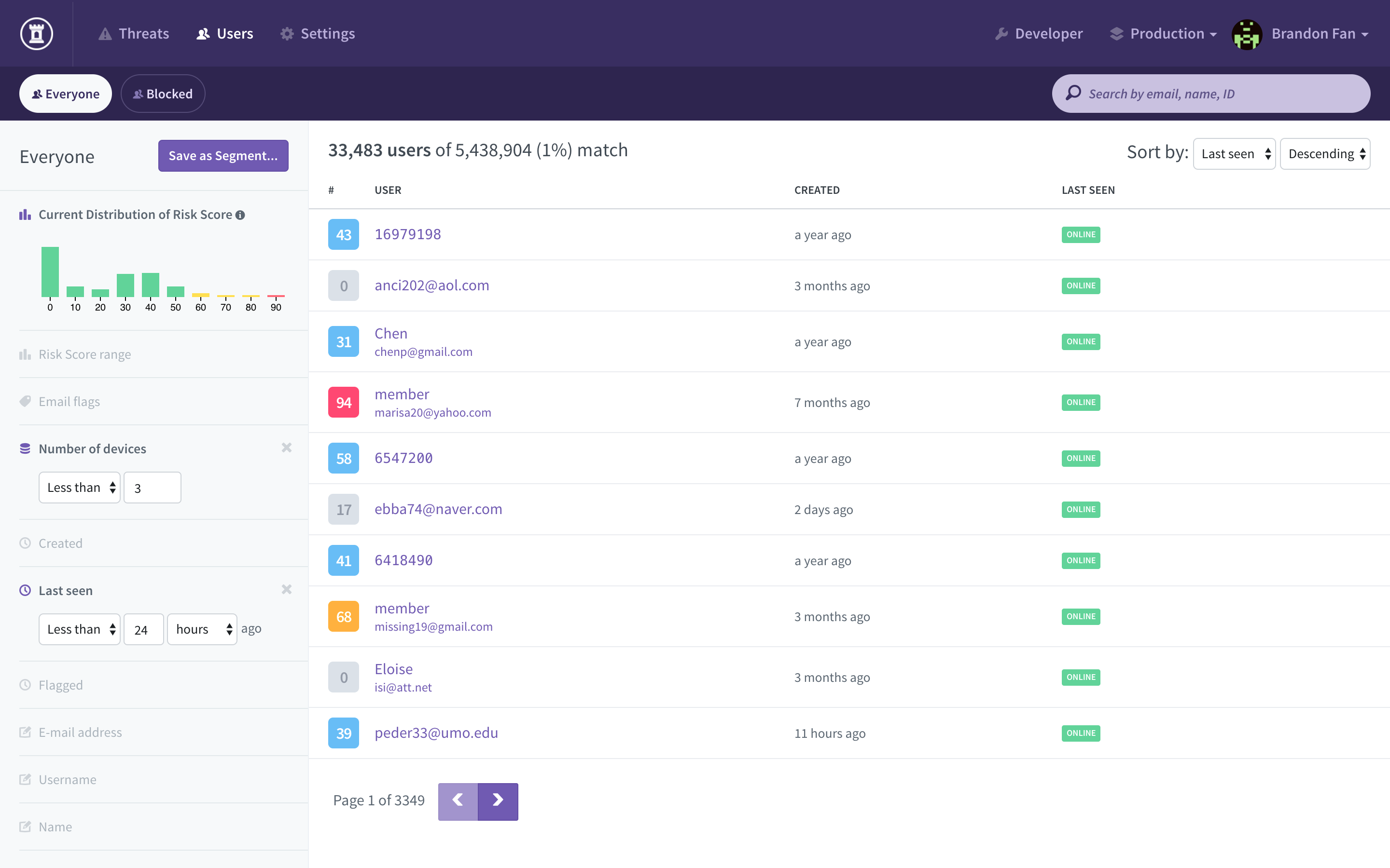 Filter user data based on risk factors such as fast travel, web proxies, and leaked credentials.