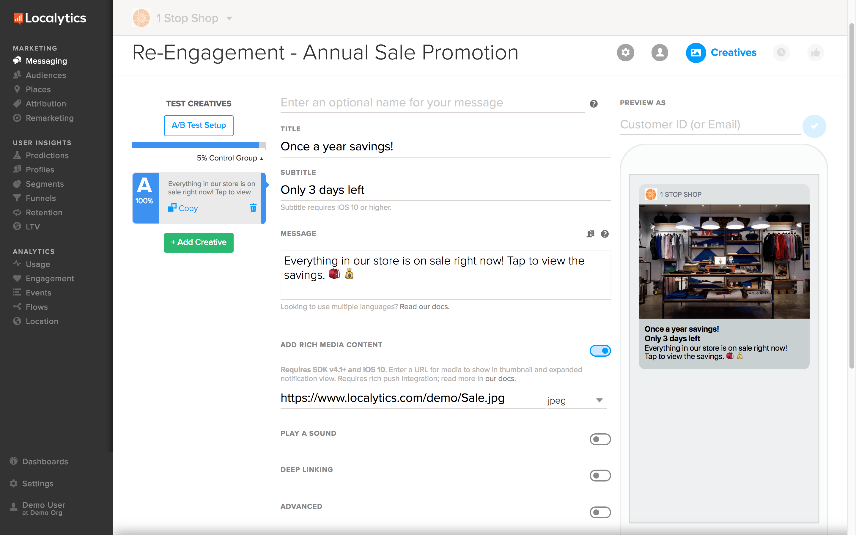 Send targeted push notifications, in-app messages, and Facebook retargeting ads.