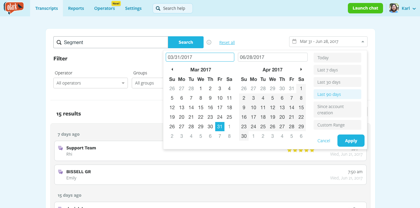Filter autosaved records of conversations on your site by keywords, tags, or chats within a date range.