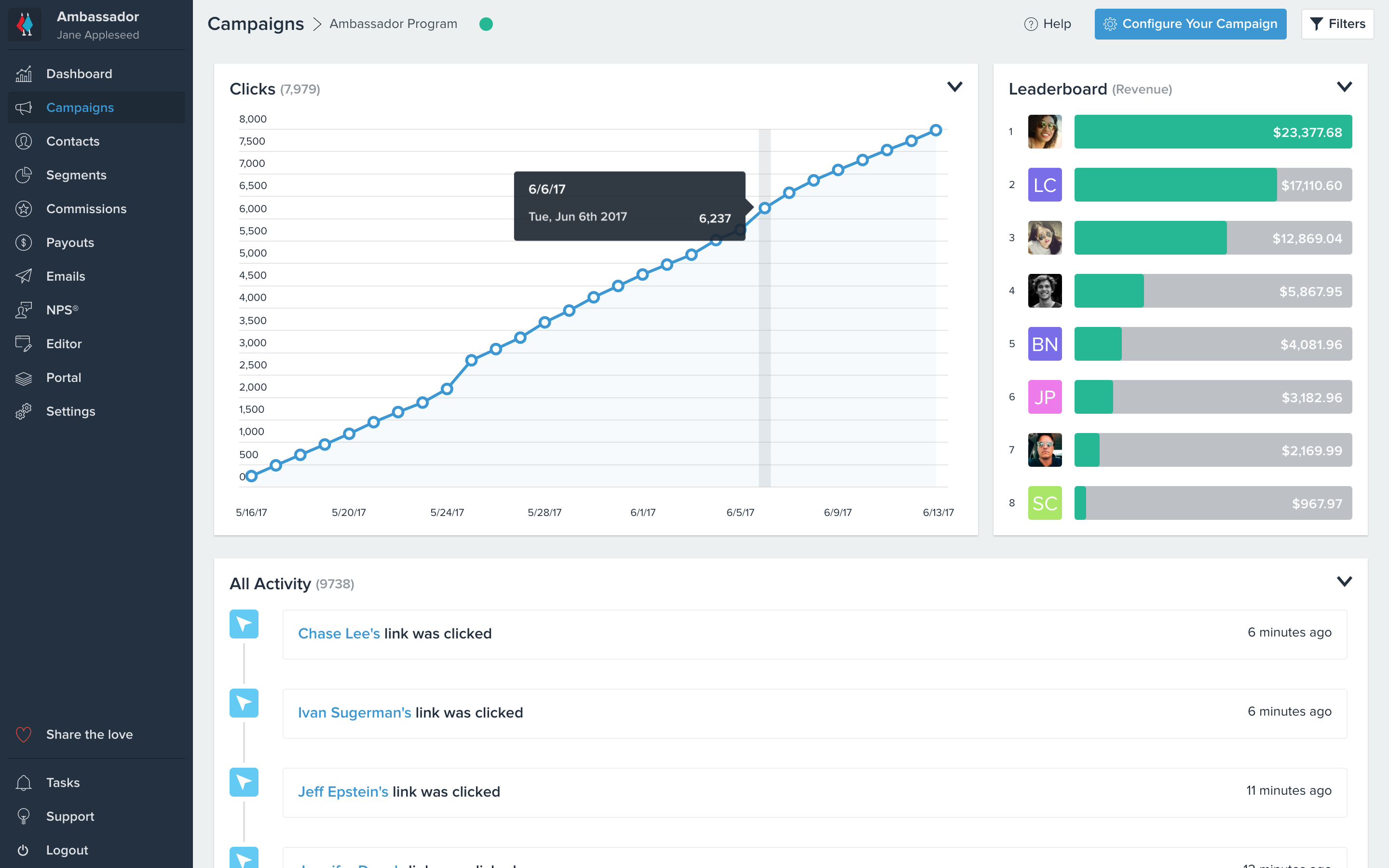 Drill down into metrics, campaign activity, and top performers.