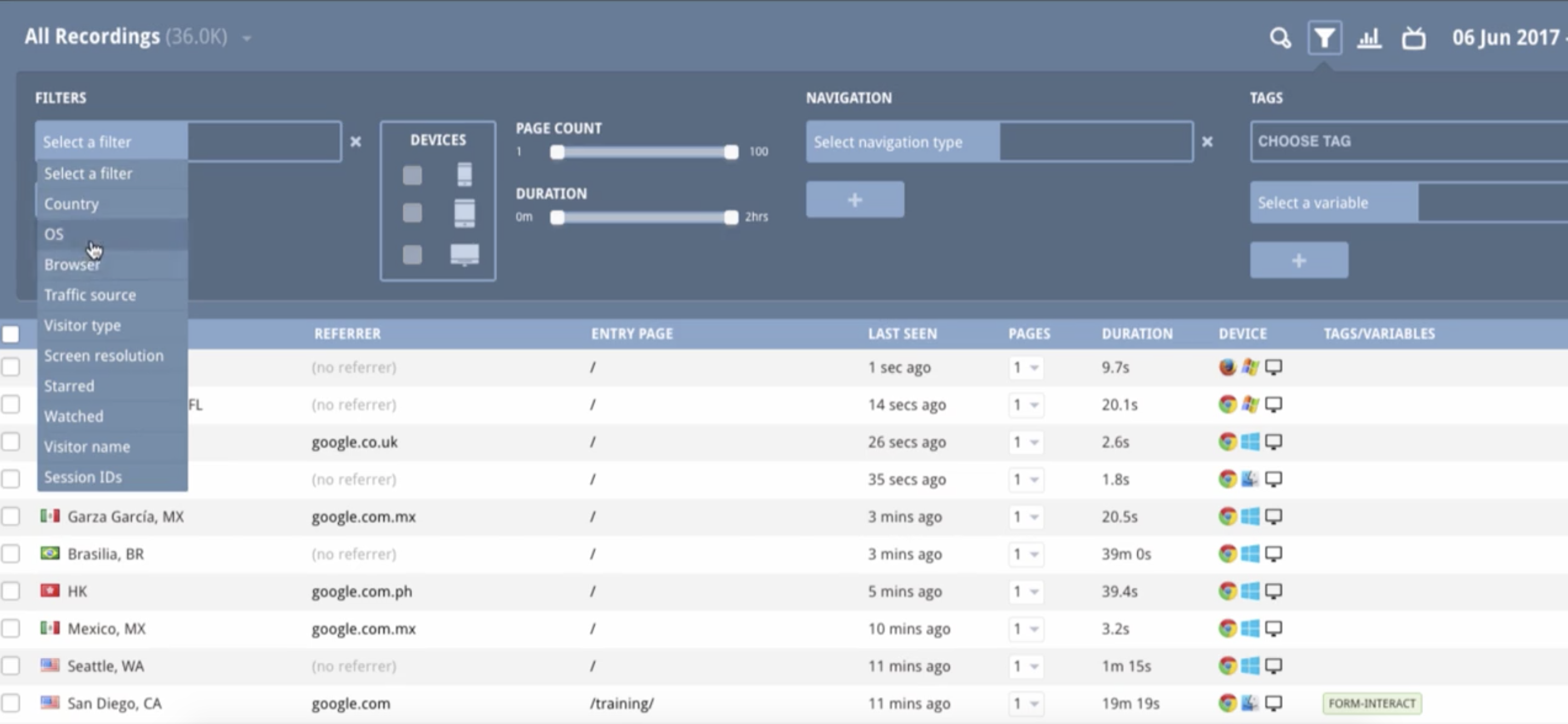 Filters and segments data so teams can sort by location, language, IP address, and more