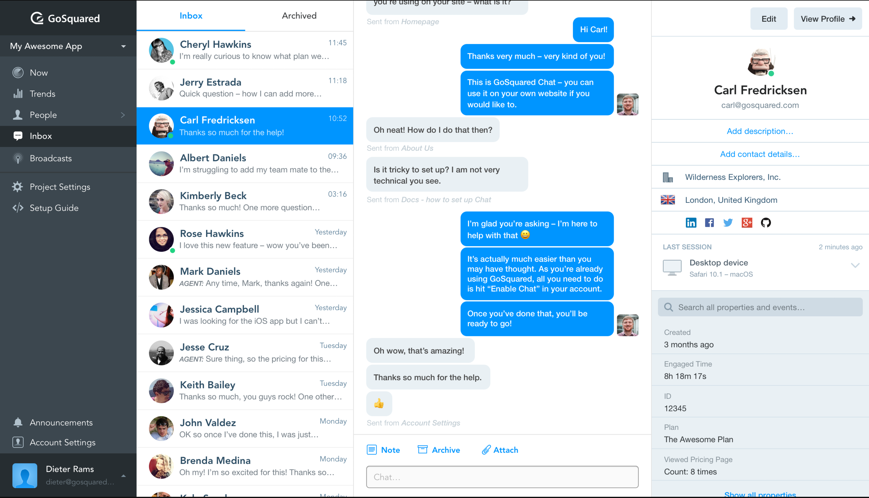 Lightweight interface for interacting with customers and visitors in live chat.