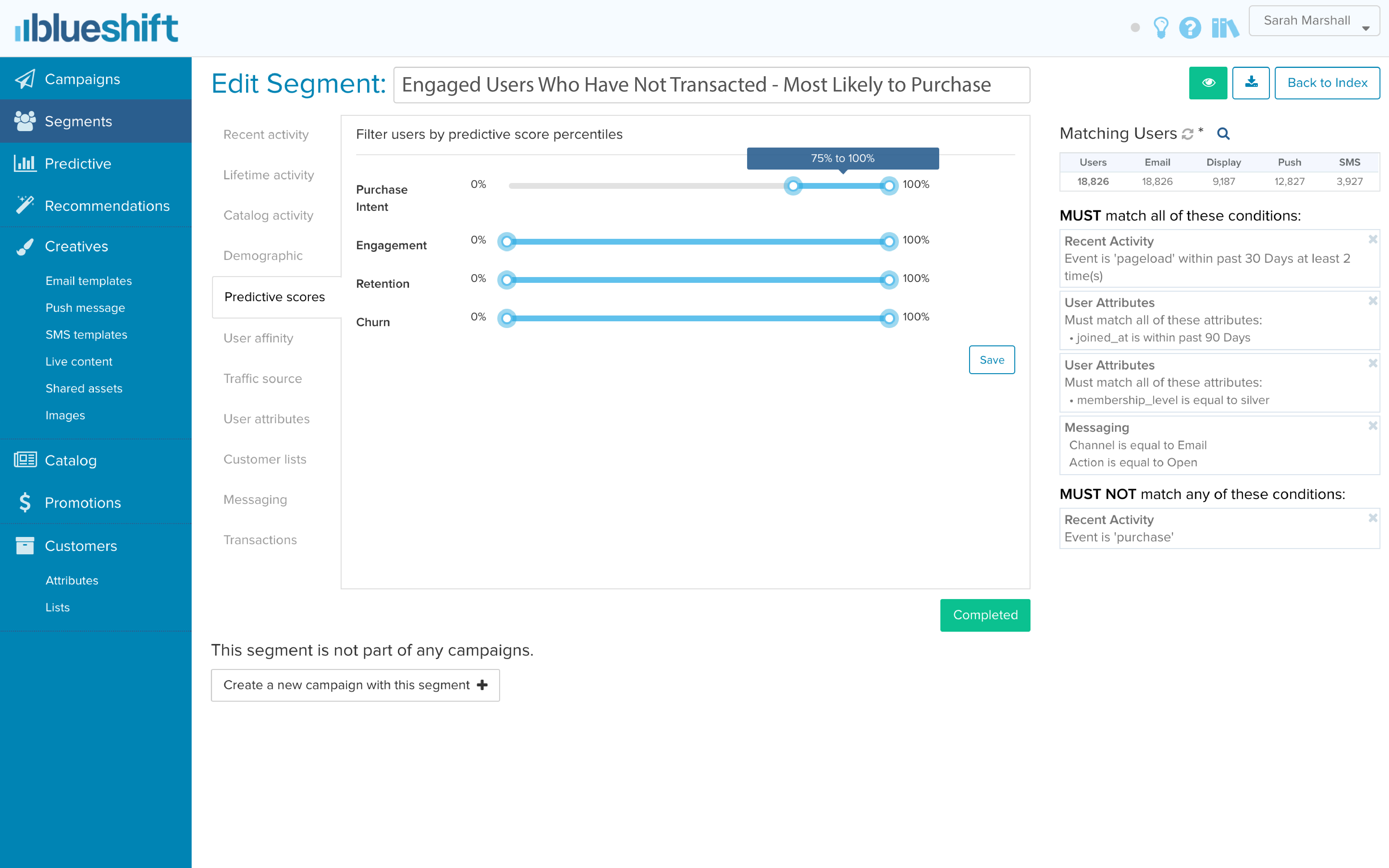 Build segments based on user behavior, catalog changes, transactions, and other attributes, then layer in predictive scoring without SQL.