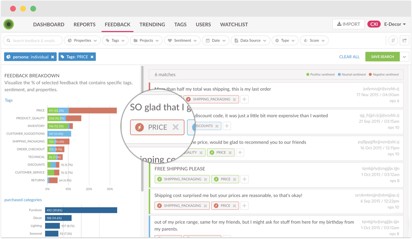 Advanced tagging of qualitative feedback data, including AI-powered categorization and sentiment analysis. Custom dashboards and alerts. Insight without a data analyst.