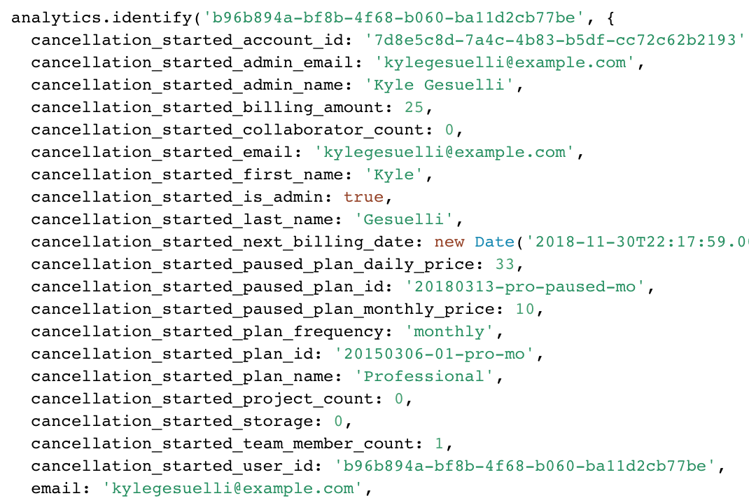 Sample .identify call from the churn mitigation workflow