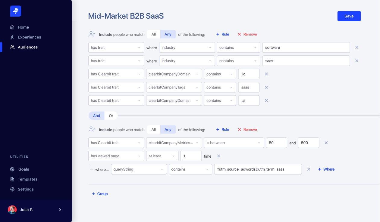 Target audiences based on data from Segment, your CRM, browser behavior, or even 3rd pard data tools like Clearbit.