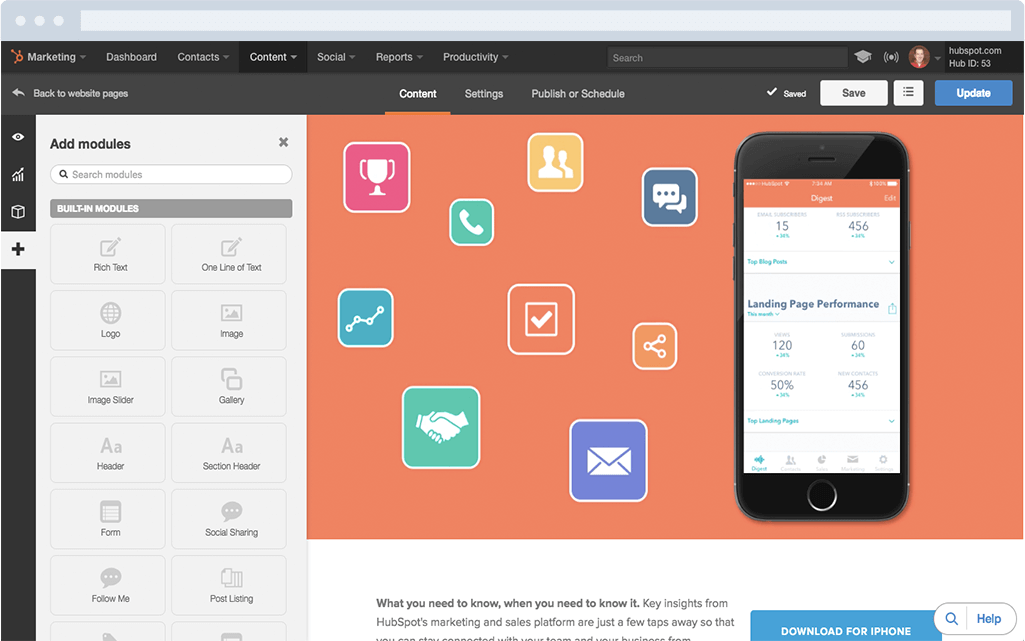Visual landing page editor enables marketers to create sites and forms without needing developer time.