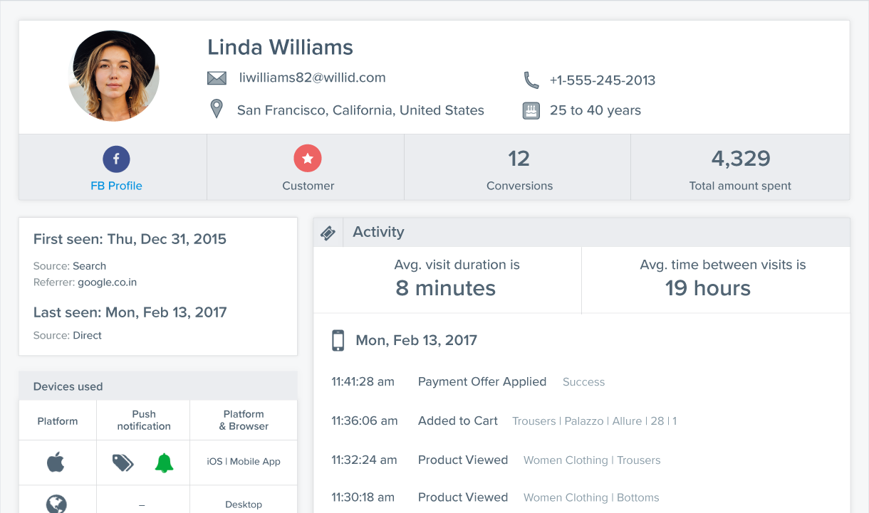 Build user profiles for every user and store demographic data, app and web interactions, and transaction history.