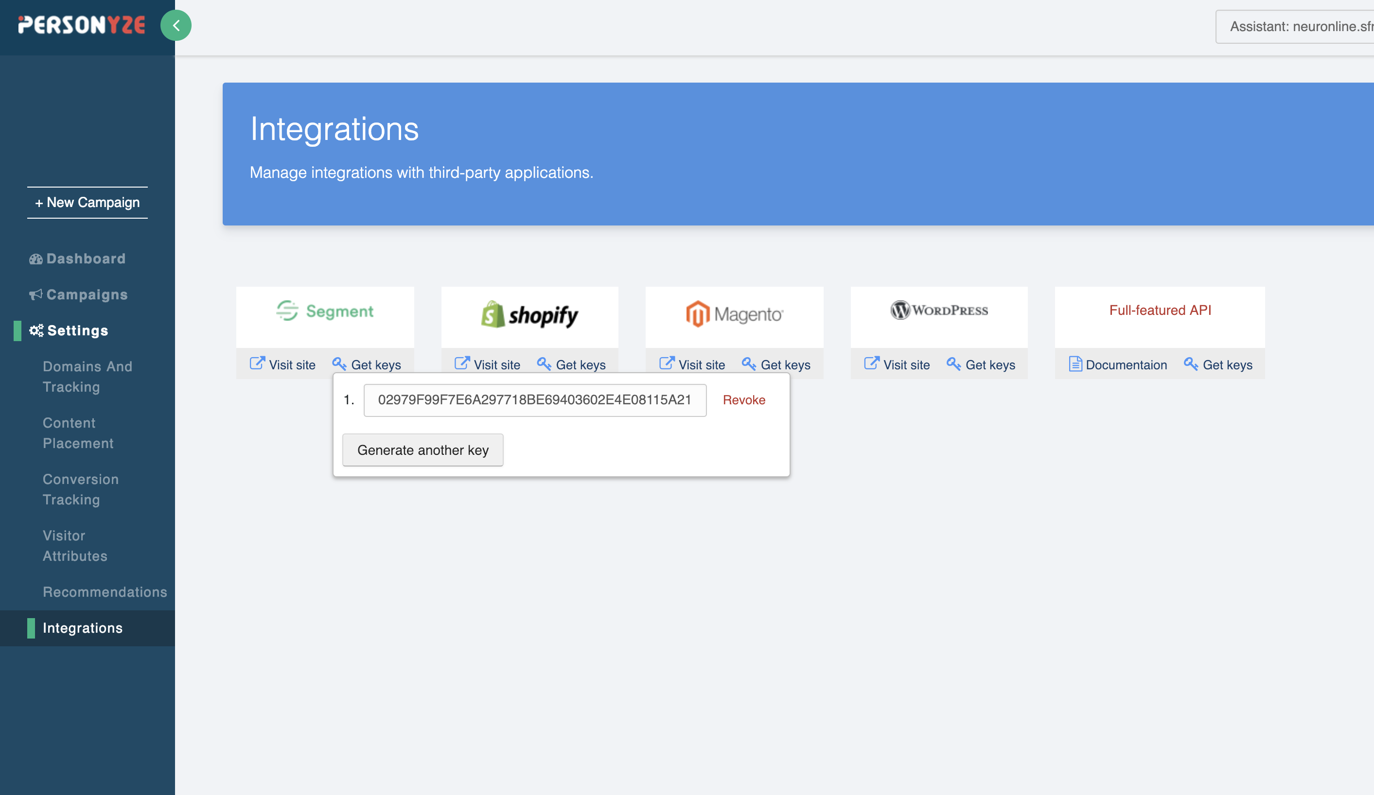 Set up the connection by grabbing the API key from the Personyze interface, to create the destination in Segment.