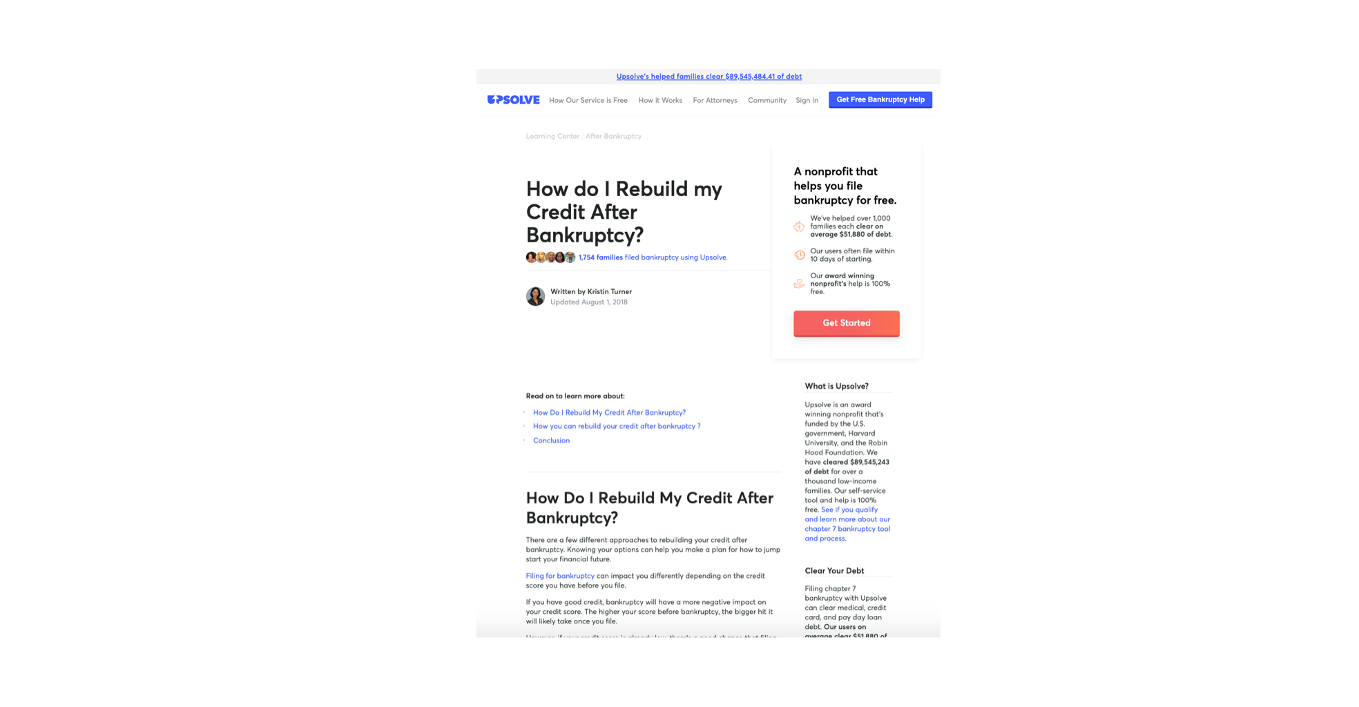 A guide on rebuilding credit after bankruptcy, an example of our editorial landing pages