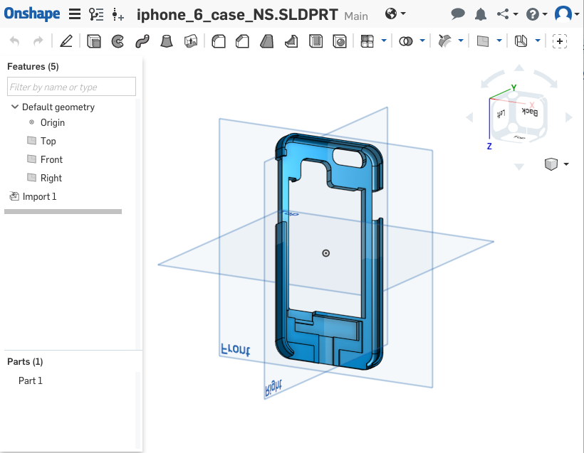 An early version of CoBattery for iPhone 6 in Onshape.