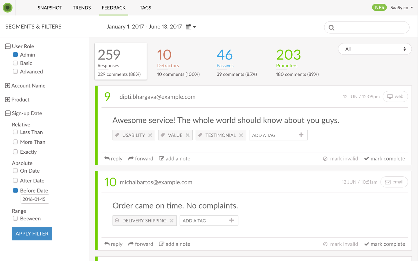 Read, respond, and route customer feedback in real-time from your dashboard, or send feedback into systems like Salesforce, Marketo or Tableau via Segment.
