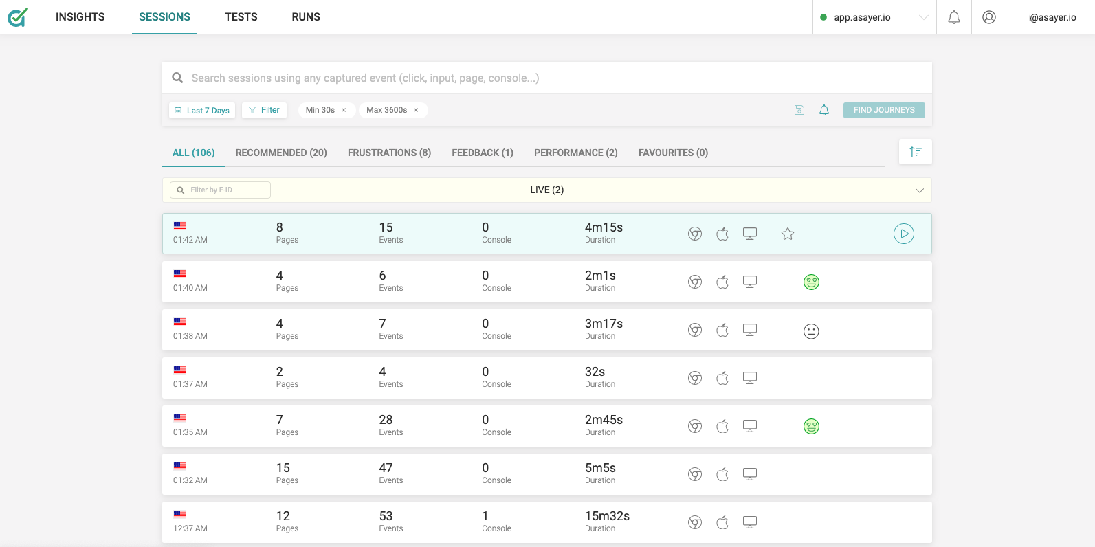 Search across fully indexed sessions using simple keywords