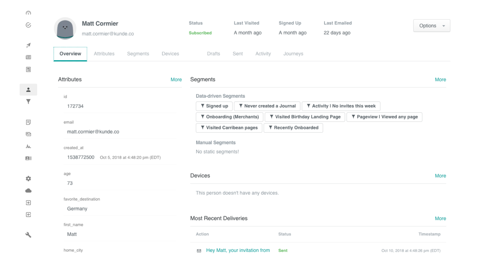 Real-time user data and events trigger personalized campaigns and automatically update your user segments, attributes, and messaging received as a result