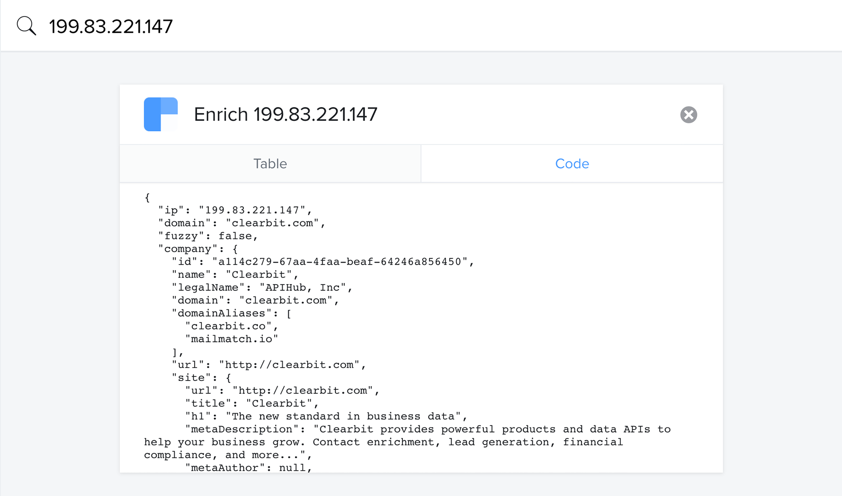 Code Reveal returns 50 attributes, including number of employees, technologies used, industry, and contact information.